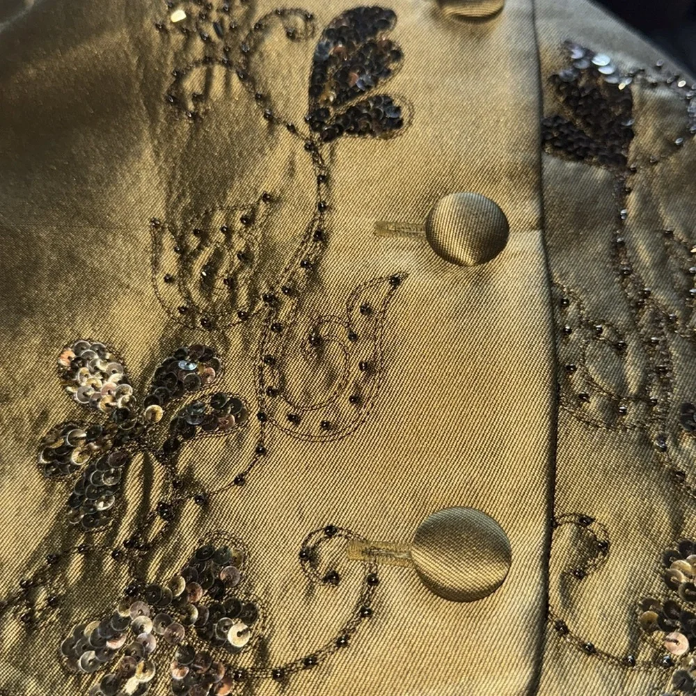 Solini Collections Sz 18 beaded two piece skirt and blazer olive green sheen set